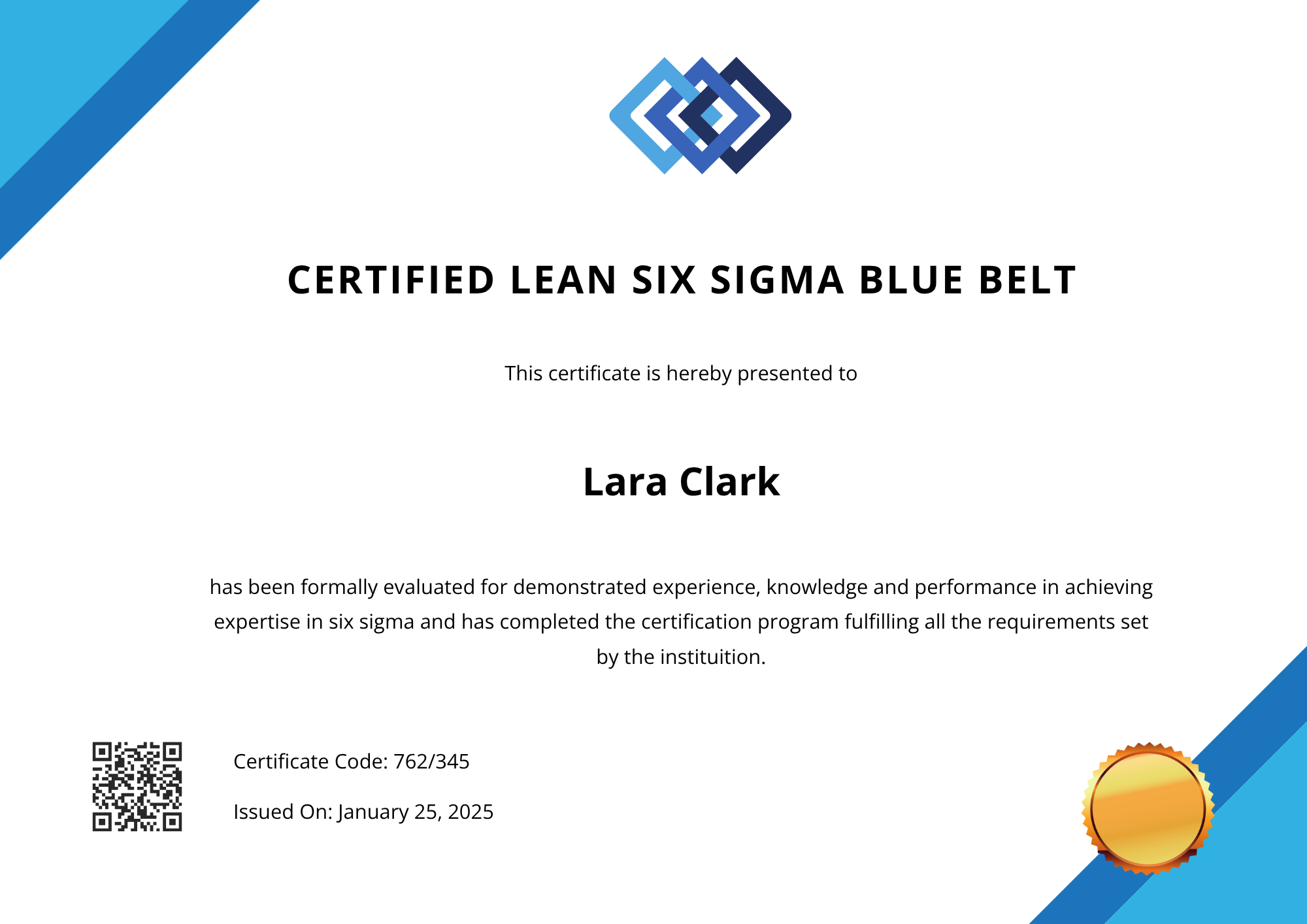 Six Sigma Certificate Template for Corporate Workshops